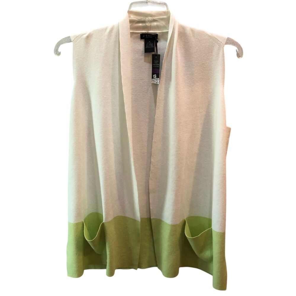 New J'Envie Womens Medium White Green Sleeveless Open Front Pockets Cardigan M
